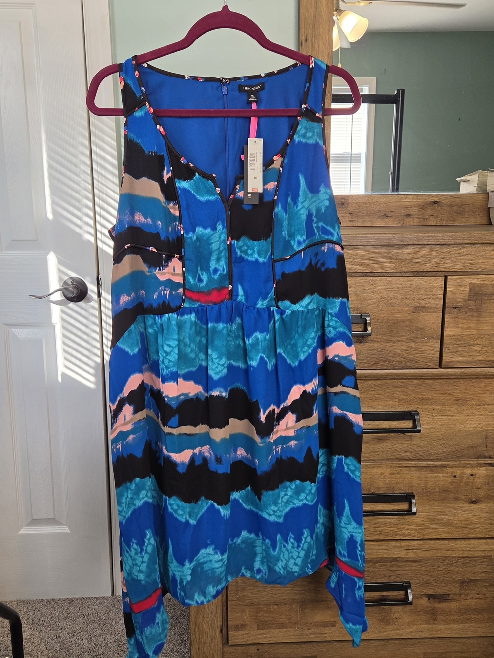 I Heart Ronson Blue Black Pink Abstract Print Sleeveless Dress